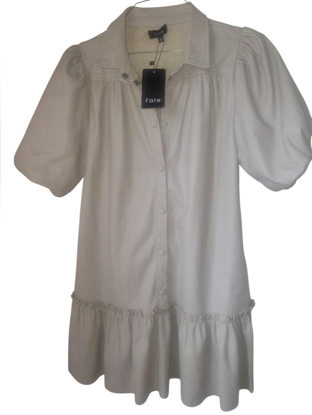 Fate Faux Leather Biege/Cream Puff Sleeve Button-Front Ruffled Hem NWT L - Picture 9 of 9
